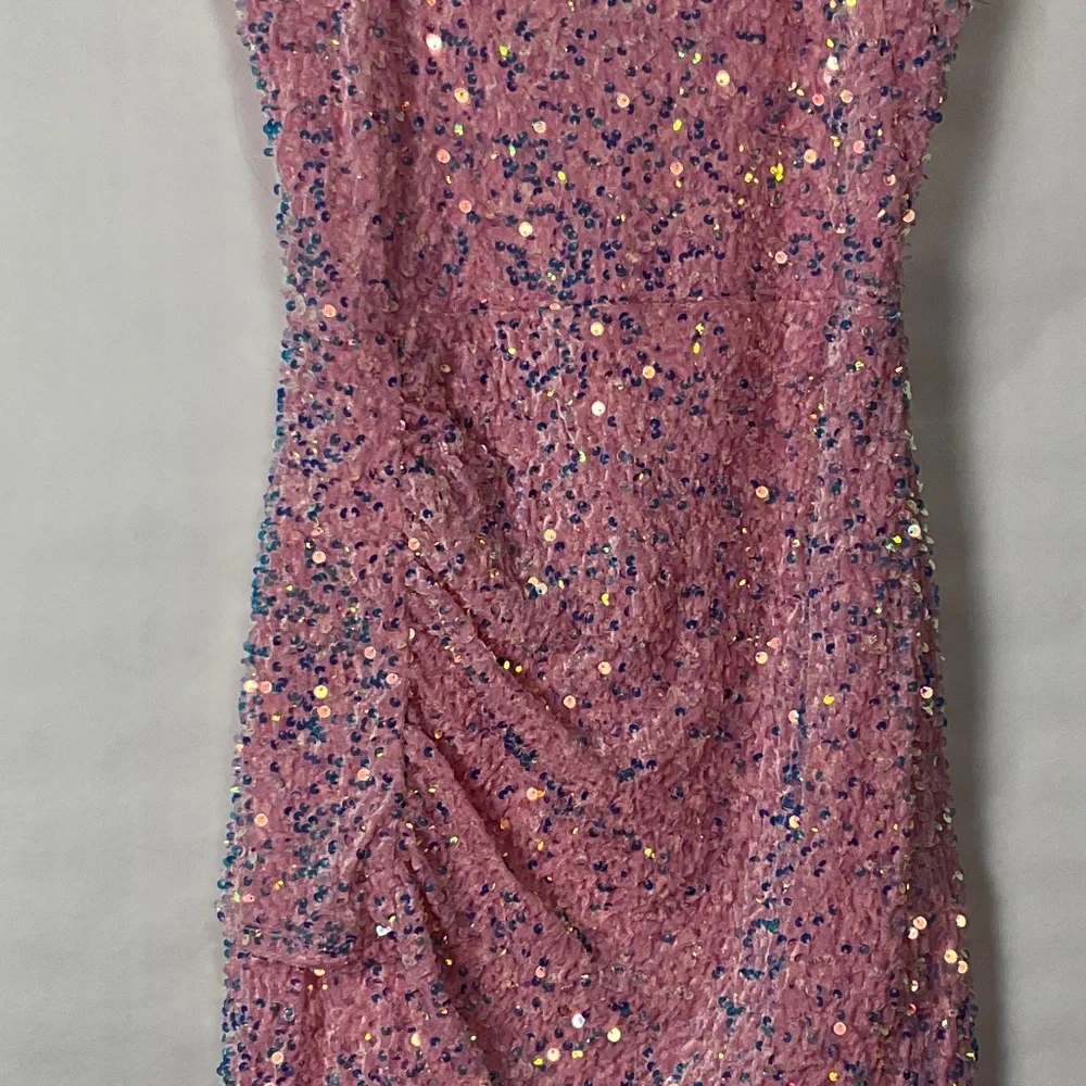 Zunie Pink Sequin Dress with Feather Detail Size 14